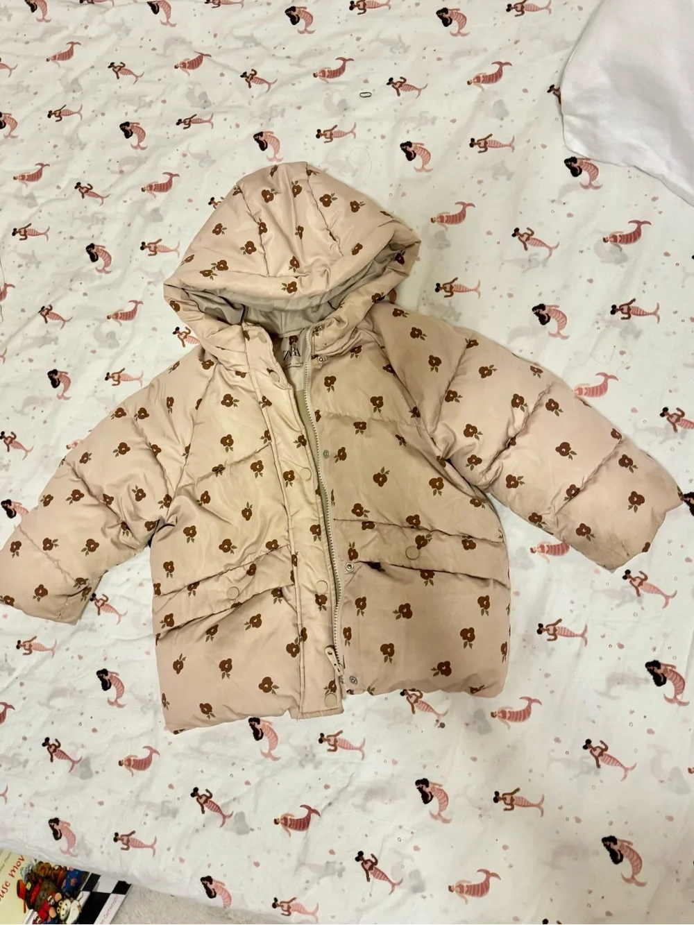 Zara Beige Floral Puffer Jacket with Hood